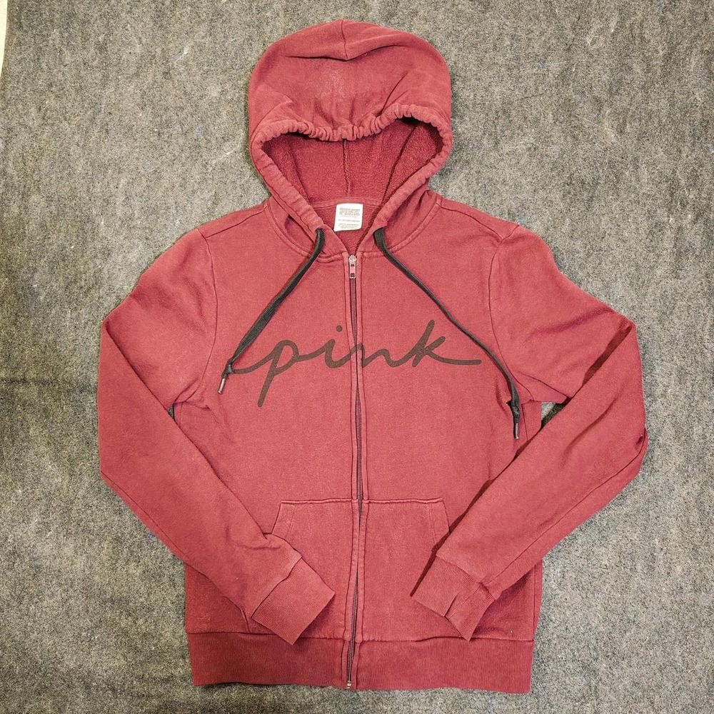Victoria's Secret PINK Zip Up Hoodie Burgundy Red Script Logo XS